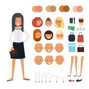 Woman character constructor. Businesswoman character creation set. Cartoon vector flat-style infographic illustration
