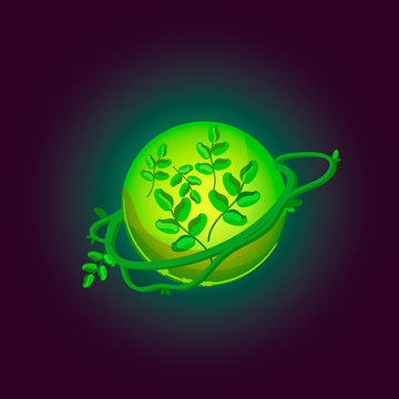 Fantasy planet logo. Flat style vector illustration for games and apps. Green forest planet on black background.