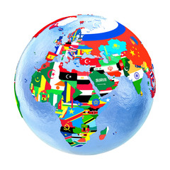 EMEA region on political globe with flags isolated on white