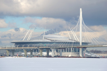 Western high-speed diameter and the football stadium Zenit Arena, sunny day in February. View from...