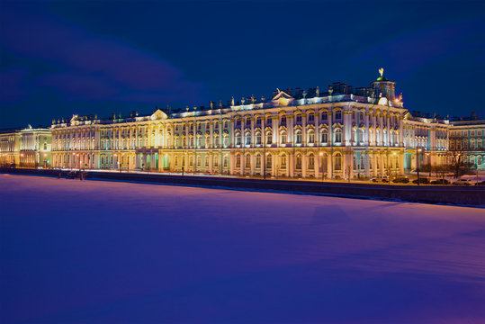 Winter Palace a February night. Saint-Petersburg,  Russia