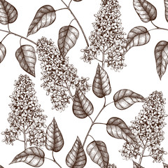 Vintage vector spring background. Hand drawn blooming branches of lilac tree sketch.  Seamless pattern