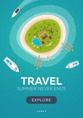 Colorful Travel to Paradise. Tropical beach. Best cruise. Vector flat banner for your business.