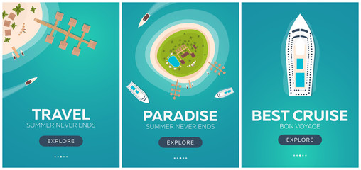 Set of banners Colorful Travel to Paradise. Tropical beach. Best cruise. Vector flat banner for your business.
