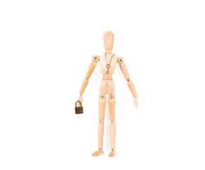 Figurine of a wooden little man on a white isolated background