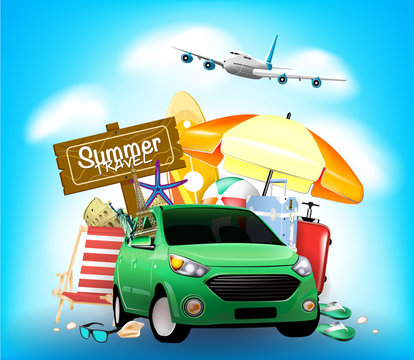 Summer Travel Sign on Blue Background with Car and Beach Umbrella Vector Illustration
