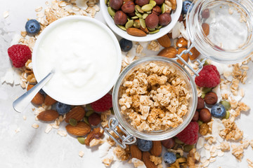 fresh products for a healthy breakfast, top view