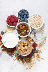 fresh products for a healthy breakfast, top view vertical