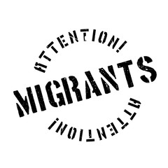 Migrants rubber stamp. Grunge design with dust scratches. Effects can be easily removed for a clean, crisp look. Color is easily changed.