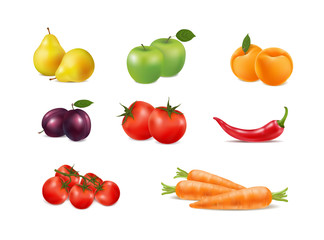 set of fresh fruit and vegetables on white background