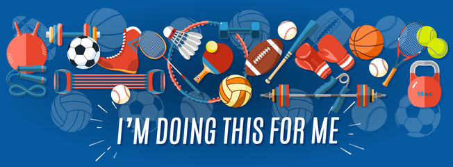 Set of sport balls and gaming items at a blue background. Healthy lifestyle tools, elements. Vector Illustration. © MySunShine