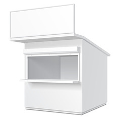 Promotional Or Trade Outdoor Kiosk, Stand, Newsstand. Open-fronted Hut Or Cubicle. Mock Up, Template. Illustration Isolated On White Background. Ready For Your Design. Product Advertising Vector EPS10