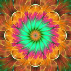 Abstract exotic flower. Psychedelic mandala design in bright green, pink and orange colors. Fantasy fractal art. 3D rendering.