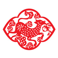 Red paper cut dog and peach zodiac in frame and flower symbols