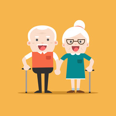 Retired elderly senior age couple in creative flat vector character design | Grandpa and grandma standing full length smiling