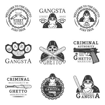 Gangster, ghetto, street wars set of vector vintage logos