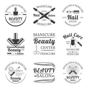 Manicure and pedicure, beauty salon set of vector vintage logos