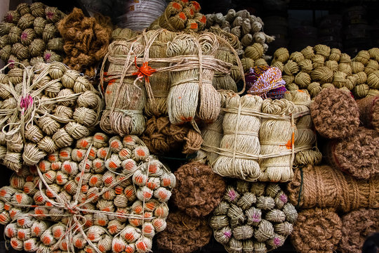 Different bunches of ropes and cords on a market in Jodhpur, Rajasthan, India  Offer of different ropes on a market in Jodhpur, Rajasthan, India 