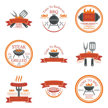 Set of barbecue logos, emblems, labels and badges. Set of vector templates isolated on white background. Grill menu, steak house, home party, family tradition design elements