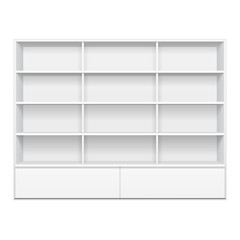 Blank Empty Showcase Display With Retail Shelves. 3D. Front View. Mock Up, Template. Illustration Isolated On White Background. Ready For Your Design. Product Advertising. Vector EPS10
