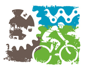 Mountain bike Grunge background.
Colorful cycling grunge background with cyclist and bicycle parts.  Vector available.
