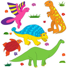 Dinosaurs cartoon coloring colorful multi character set