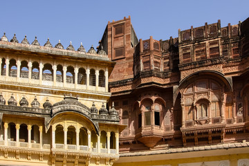 Fototapeta premium View of facades built in different styles and material, Mehrangarh Fort, Jodhpur, Rajasthan, India 
