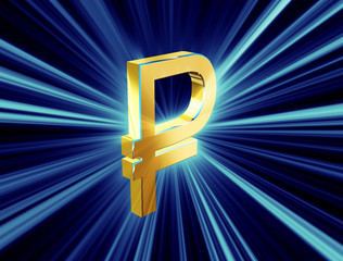 Obraz premium three-dimensional image of the golden symbol of the ruble among the colored rays