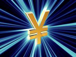 three-dimensional image of golden yen symbol among the colored rays