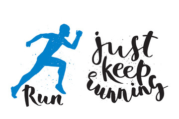 Running man marathon logo jogging emblems label and fitness training athlete symbol sprint motivation badge success work isolated runner vector illustration.