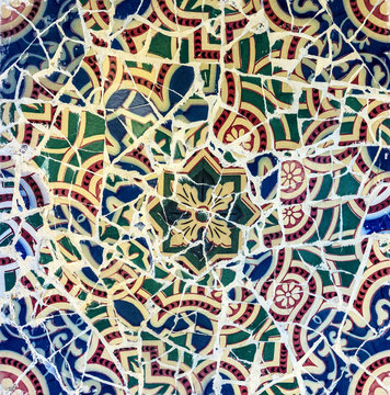 mosaic tile, decoration, broken glass, Park Guell, Barcelona, Spain. Designed by Gaudi