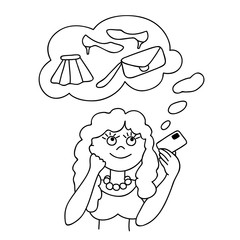 Vector illustration of smiling woman holding credit card and planning fashion shopping.