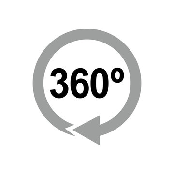 Icono plano 360 negro con flecha circular gris en fondo blanco