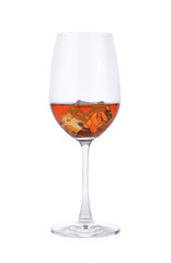 brandy wine glass and ice on white background