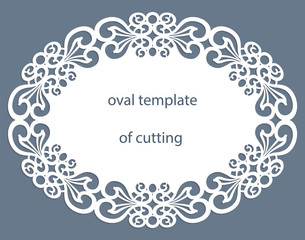 Greeting  card with openwork  oval border, paper doily under the cake, template for cutting, wedding invitation, decorative plate is laser cut, vector illustrations. - obrazy, fototapety, plakaty