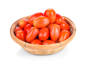 San marzano plum tomatoes with leaves on white background