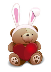 Cute Teddy Bear dressed in Easter bunny. Overhead Hare Ears. Easter mask with rabbit ears. Teddy bear with false rabbit ears holds a big red heart. Design element for Easter card. Vector illustration
