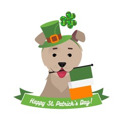 Dog in green hat holding irish flag with mouth. Patrick`s day funny background. Vector flat illustration
