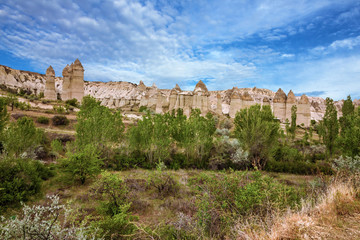 Fototapeta premium Cappadocia, Anatolia, Turkey. Mountain landscape panoramic view. Goreme national park.