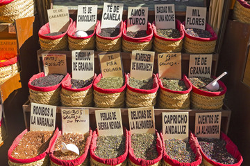 Spices Store at the oriental market in Granada. Spain