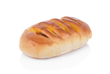 bread stuffed with caramel and bacon on white background