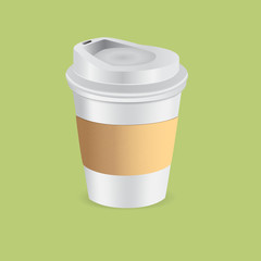 Paper cup of coffee isolated on green background.