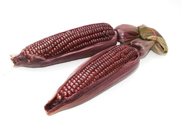 Boiled purple corn on white background