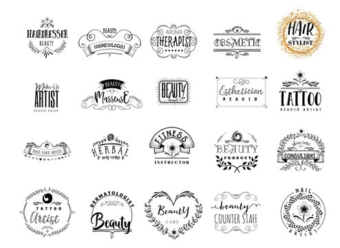 Badges professions in the beauty industry. Sticker, stamp, logo - for design, hands made. With the use of floral elements, calligraphy and lettering