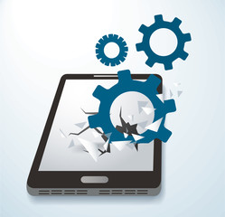 Gears icon Breaking through screen smartphone vector  