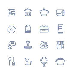 kitchen line icons set isolated over white, cooking related objects, utensils, tableware, tools, flatware, cookware, pan, kettle