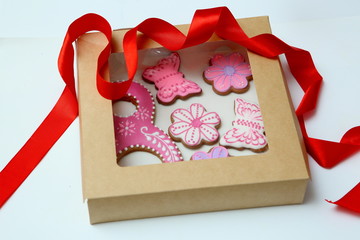 ginger biscuits for March 8 in box on white backgrounde