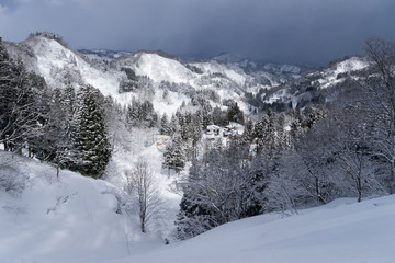 雪に埋もれた家屋と山々