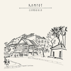 French architecture in Kampot, Cambodia. Vintage hand drawn postcard