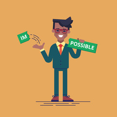 African american businessman breaks off a piece of the plate with the word "impossible" and gets the word "possible". Modern vector illustration. Flat style.